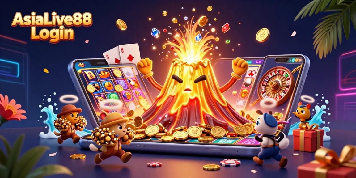Experience the excitement of AsiaLive88 Login, where fortune erupts with treasures in a vibrant casino scene.