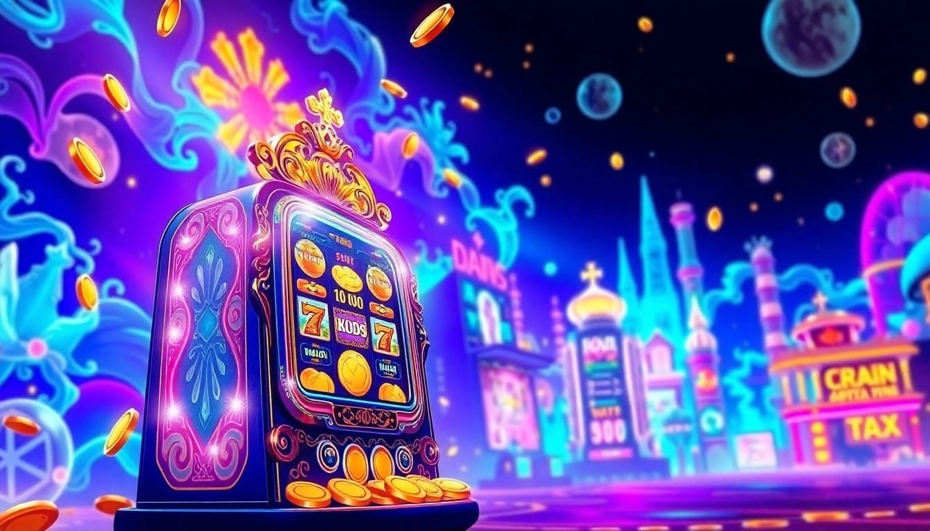 เล่น 918kiss slot บนเครื่องสล็อตที่มีสีสันและเหรียญทองกระจายอยู่