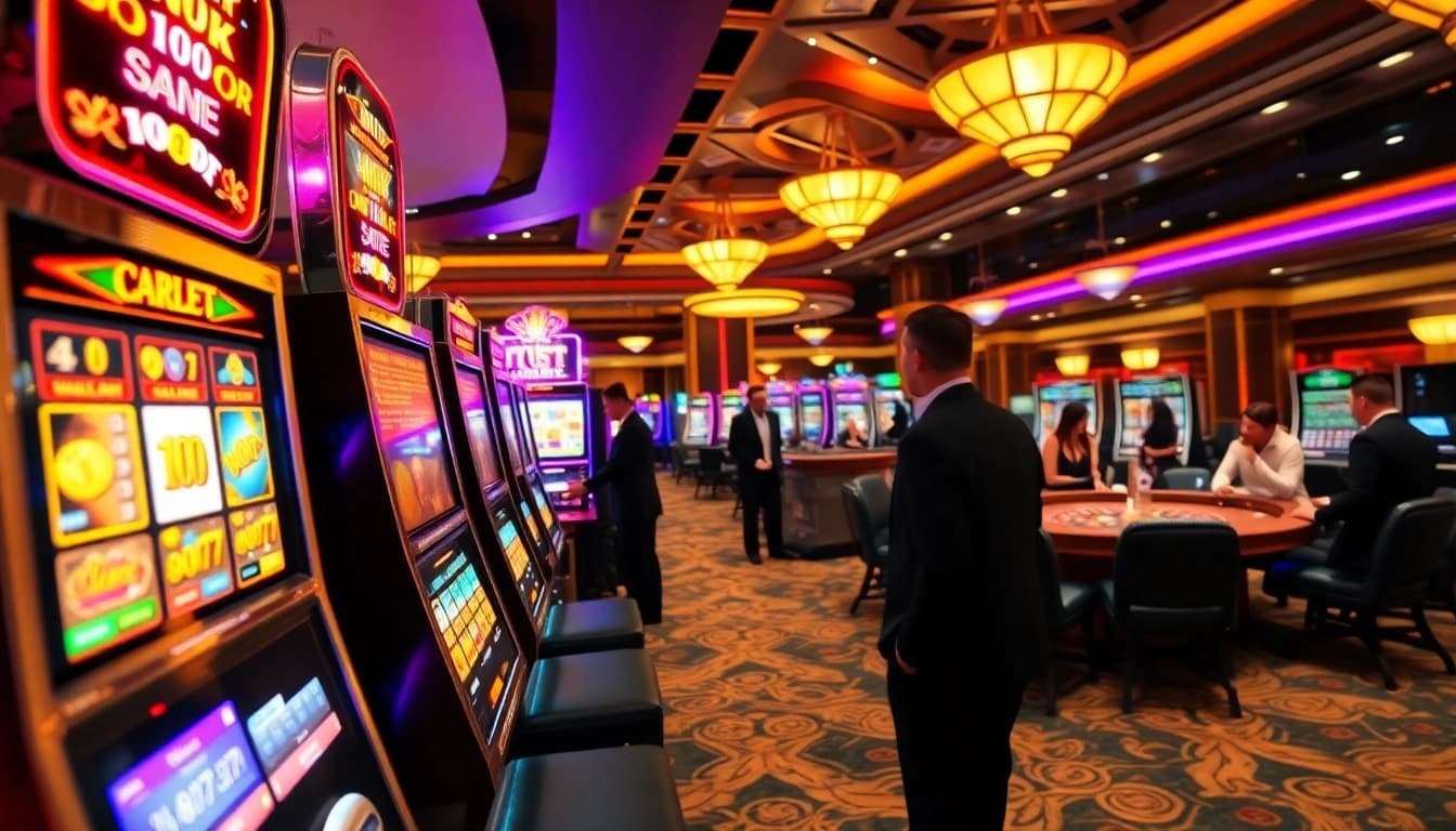 Engaging scene showing players excitedly placing a slot bet 100 at a lavish casino.