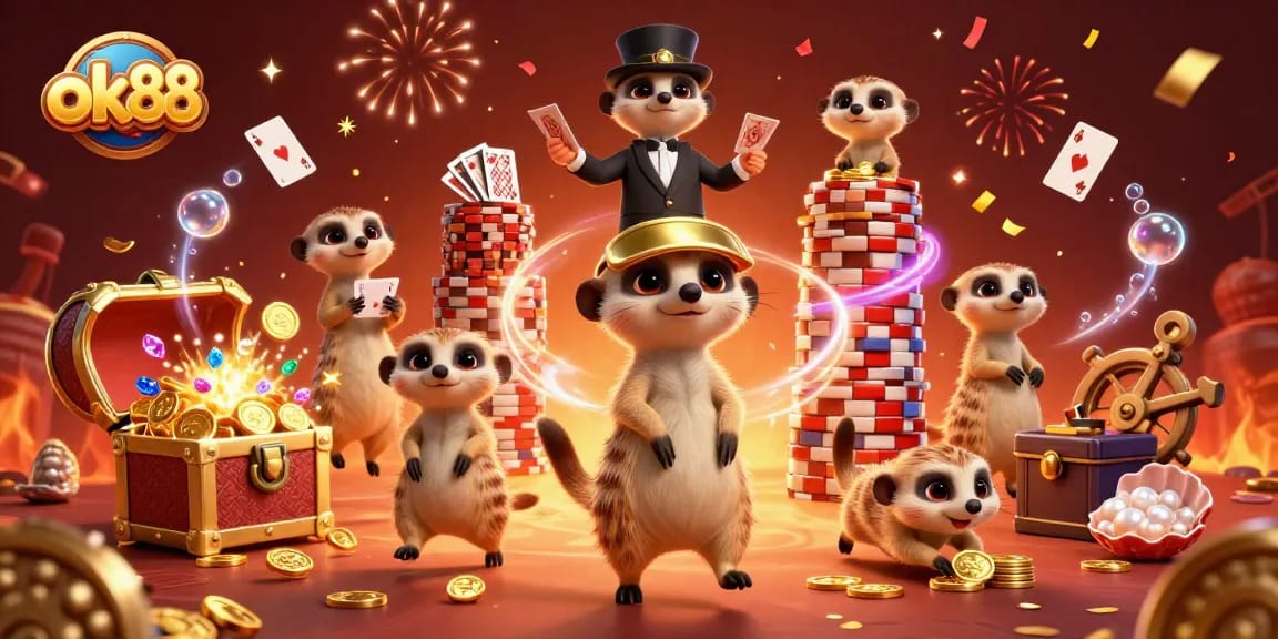 Watch meerkats managing the ok88 casino as they deal cards and celebrate with gems and coins.