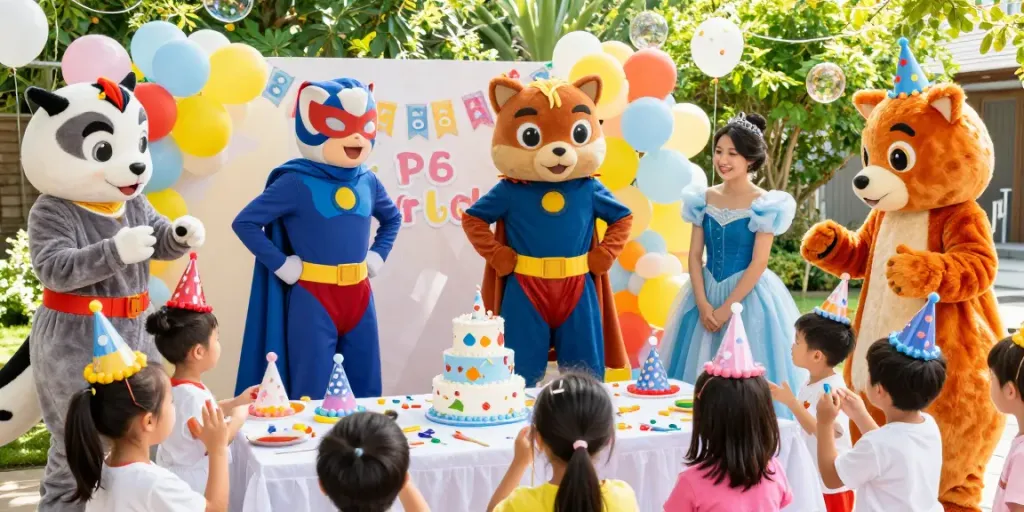 Party characters for kids delighting children during a vibrant birthday celebration
