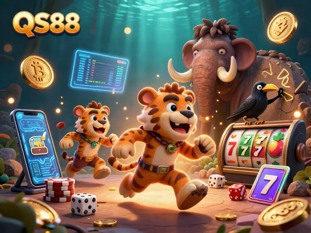 Experience thrilling gameplay with QS88 in this vibrant prehistoric casino scene.
