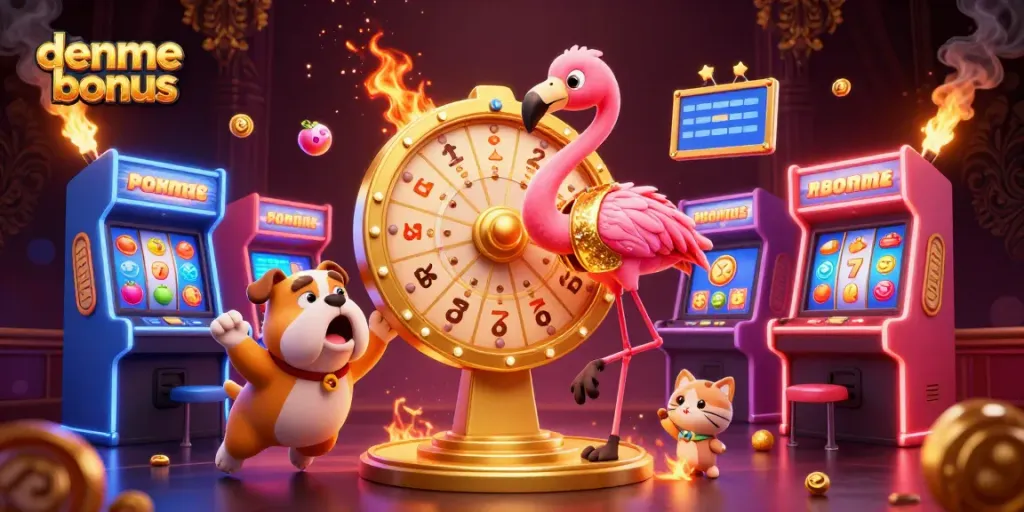 Spin the deneme bonus prize wheel with excitement in this vibrant casino scene featuring a bulldog contestant.