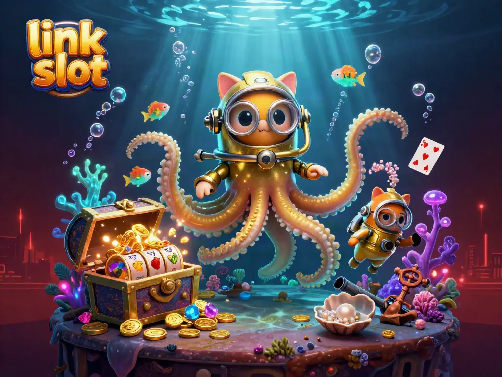 Spin to win with the link slot illustration featuring a kraken and diving cat! Experience casino excitement!