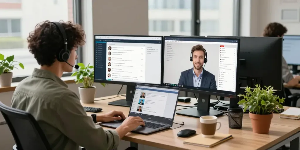 Customer service representative using live chat to engage with clients in a modern office setting.