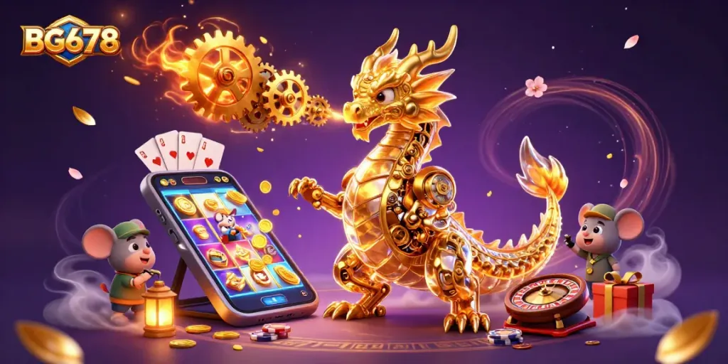 Experience thrilling gameplay with BG678 featuring a golden dragon and dynamic casino elements.
