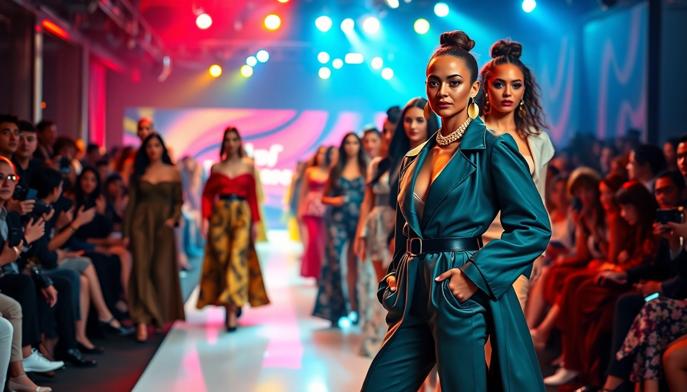 Fashion runway showcase featuring diverse models in vibrant outfits under bright lights.