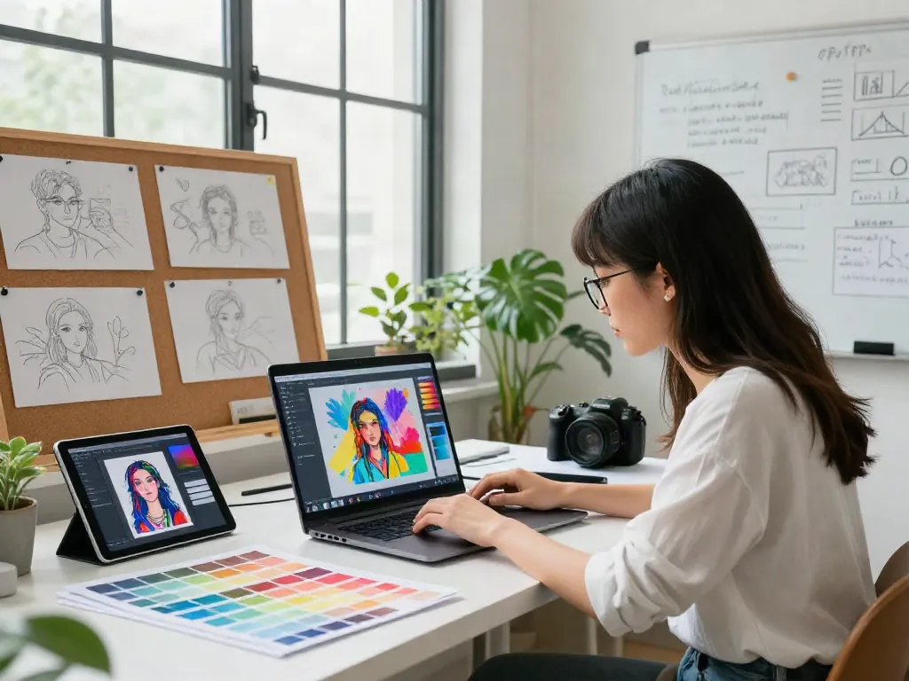 AI image generator showcased in a vibrant digital arts studio with a designer creating visuals.