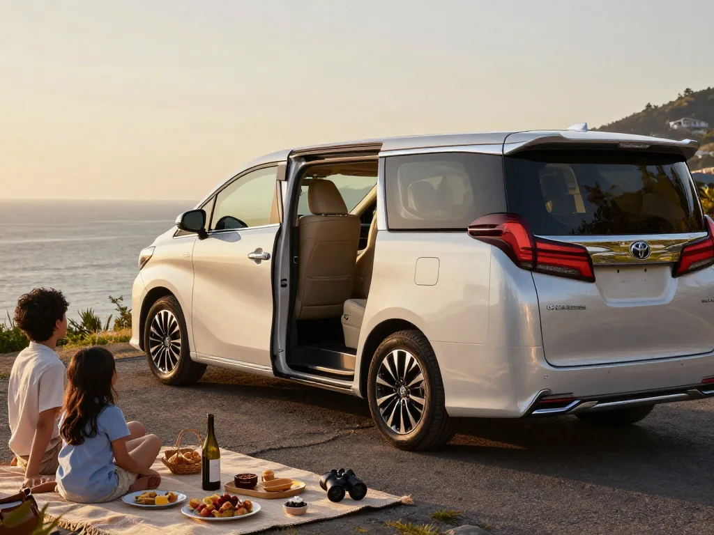 Cho thuê xe Toyota Alphard cho chuyến đi gia đình sang trọng tại một điểm ngắm biển.