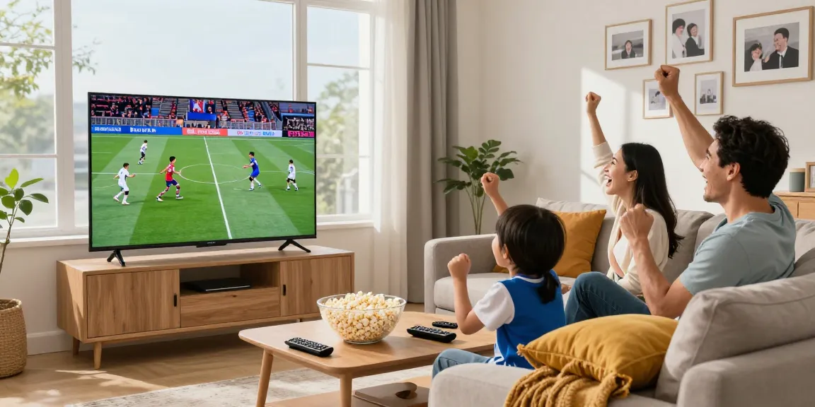 Family enjoying Blue Shark IPTV on a smart TV in a cozy living room, watching live sports.