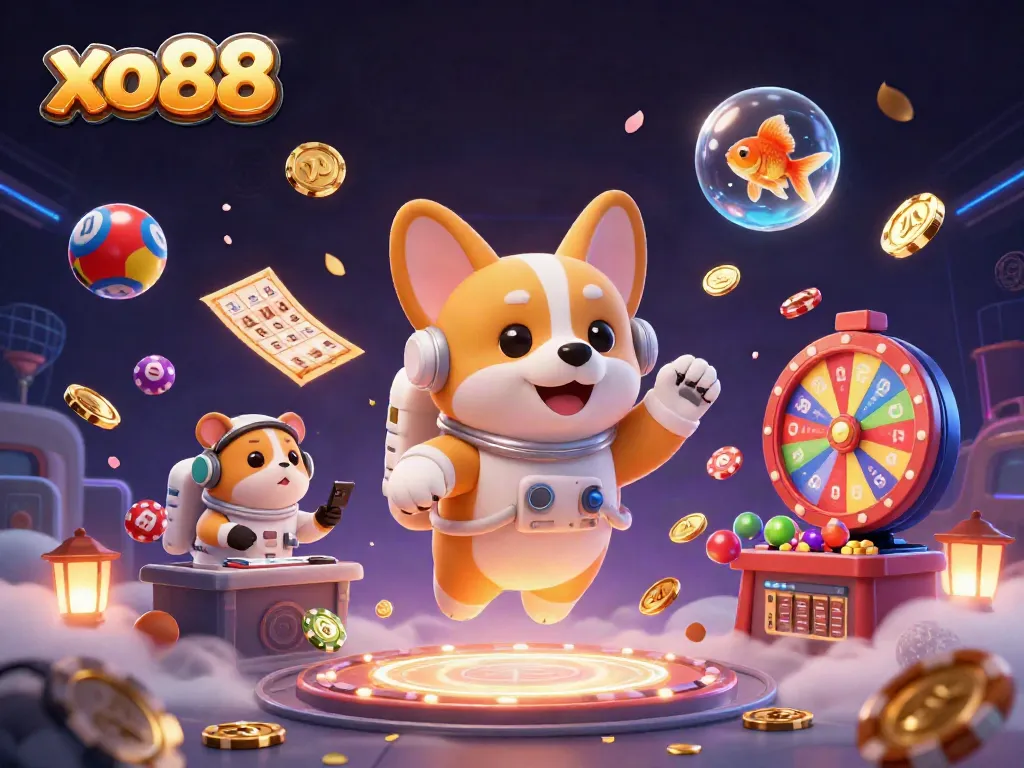 Experience the excitement of xo88 casino with a playful astronaut corgi and vibrant casino elements.