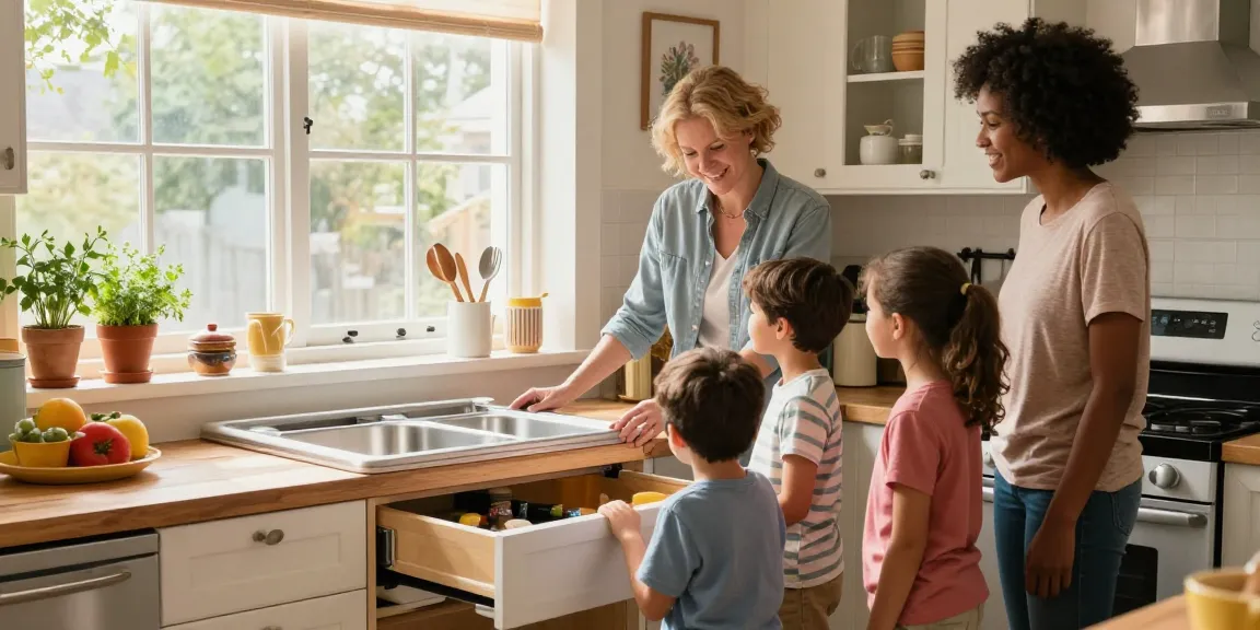 شراء مطابخ مستعملة بالرياض, family joyfully inspecting a stylish used kitchen set in a warm, welcoming atmosphere