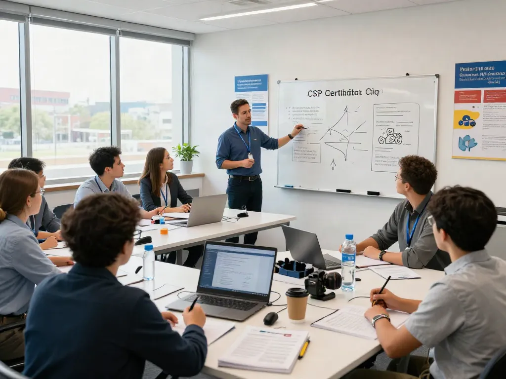 CSP Certification training session with engaged participants and an experienced trainer in a modern classroom.