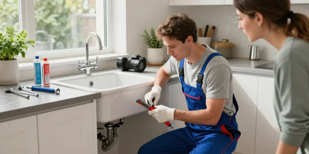 Trustworthy plumber London inspecting under sink while homeowner watches