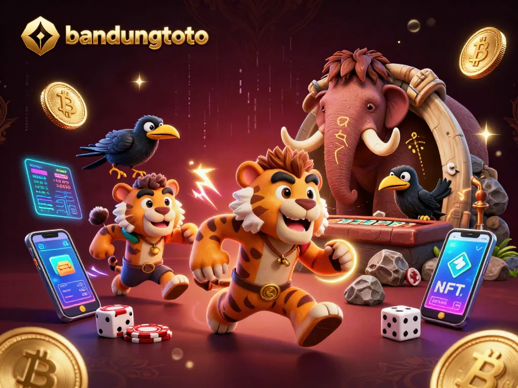 bandungtoto showcases a vibrant casino scene with caveman duo and crypto elements, merging tradition and technology.