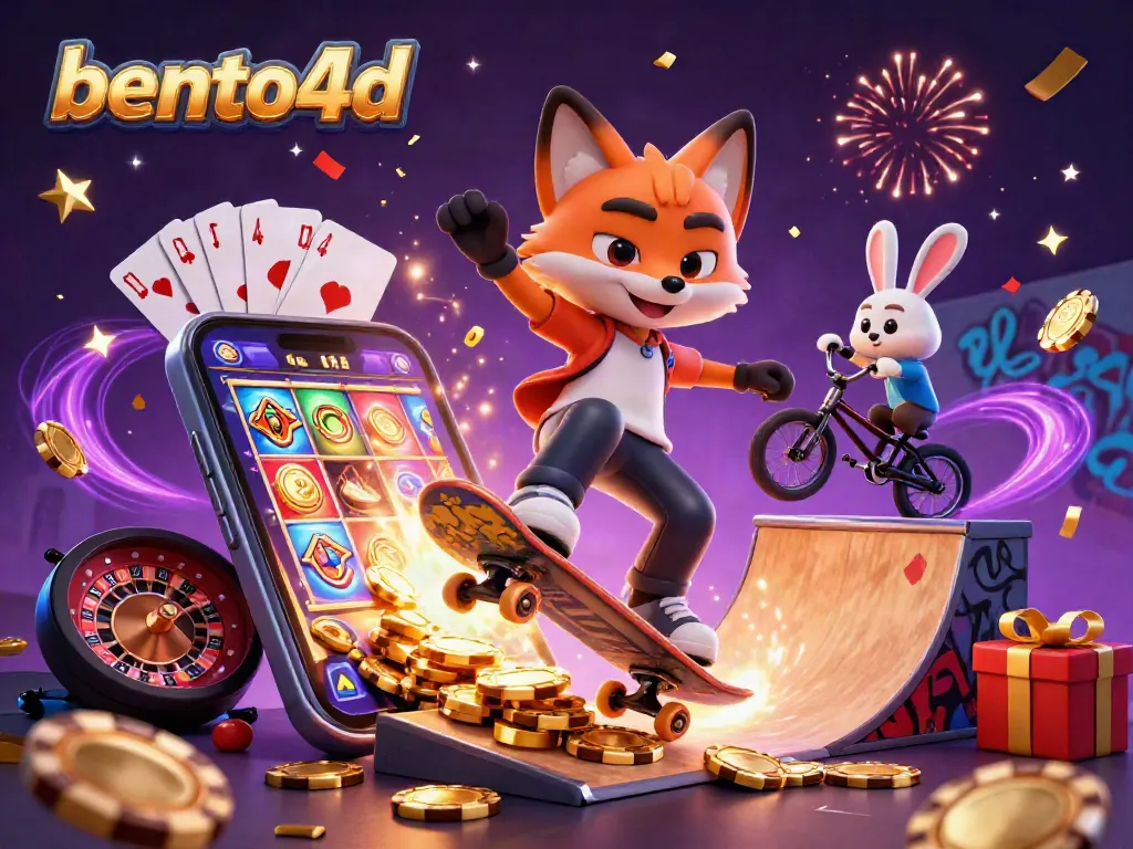 Catch the excitement of bento4d with a colorful casino-themed illustration of characters engaging in fun activities.