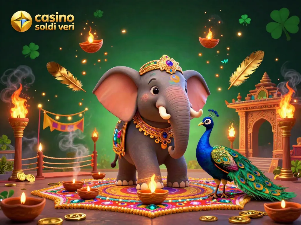 Gioca nei casino online soldi veri con un'illustrazione vivace di un elefante e un pavone in un mondo colorato e festoso.