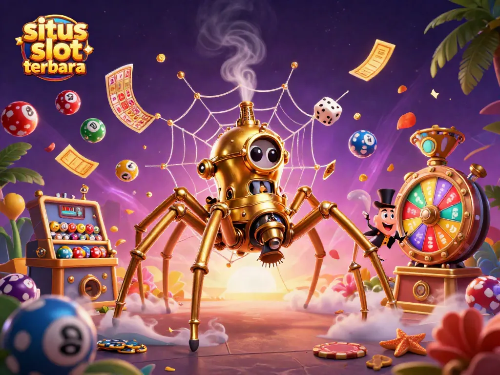 Mengguncang situs slot terbaru dengan ilustrasi laba-laba emas steampunk dan bola lotre berwarna-warni.