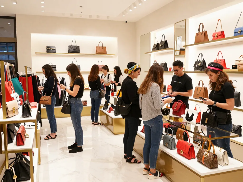 Shoppers exploring high-quality 레플리카 사이트 products in a modern retail environment with stylish displays