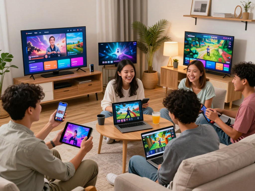 Friends enjoying diverse entertainment experiences on ROKOK88.co, showcasing a lively living room with devices.