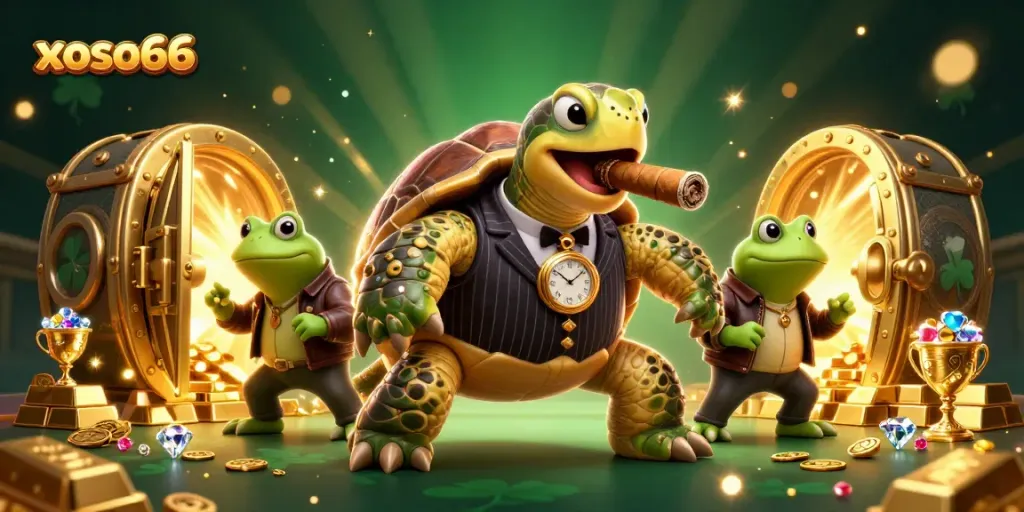 Join the fun at xoso66 with animated characters and gold treasures illuminating the casino scene.