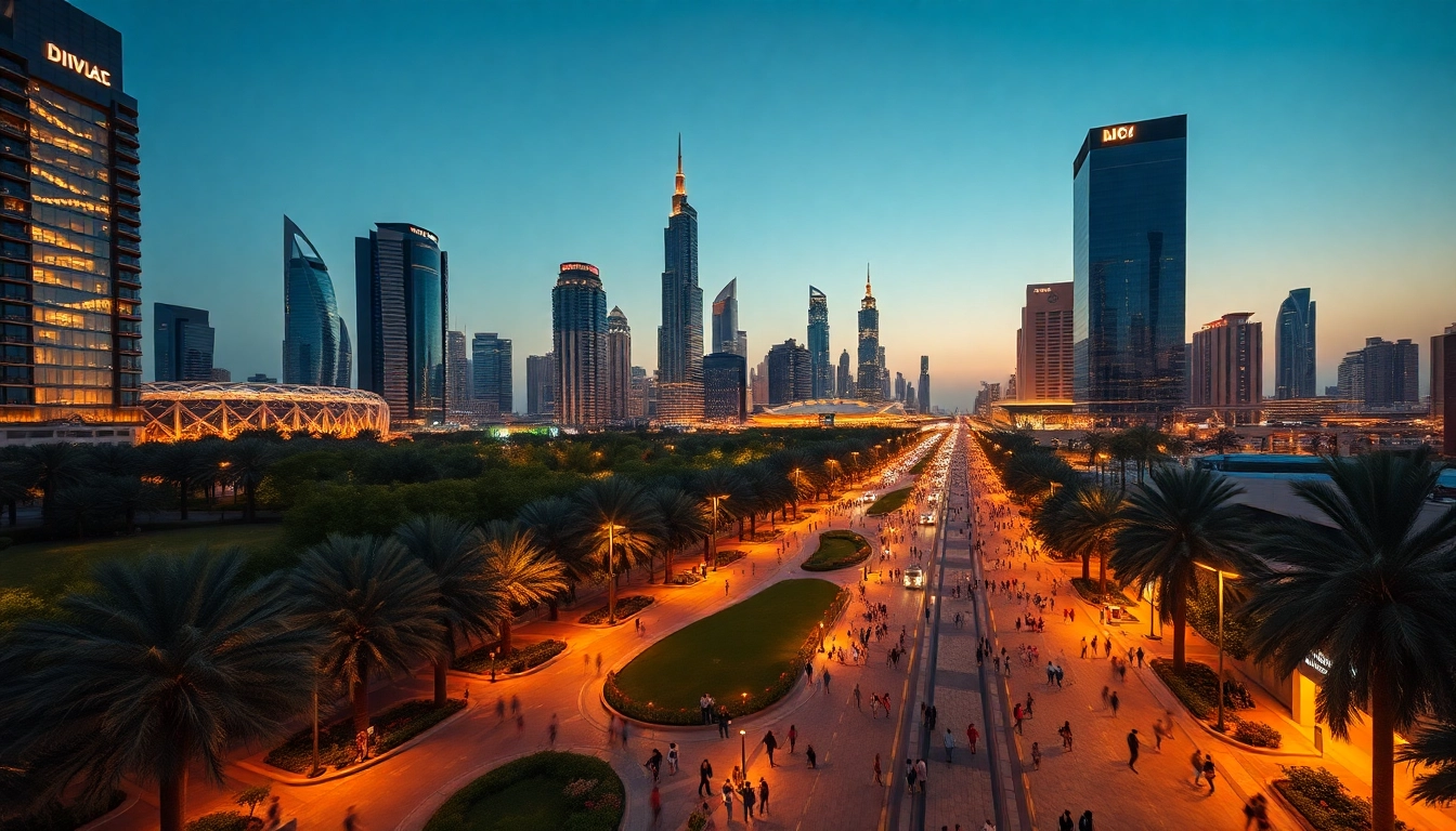 Experience the vibrant City Life Dubai through a dynamic cityscape filled with skyscrapers and greenery.