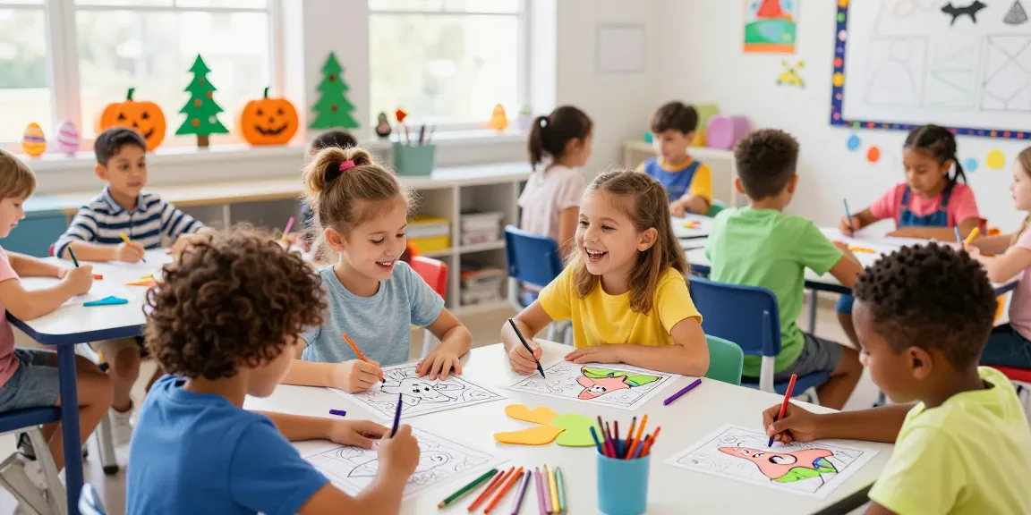 Kids excitedly creating seasonal coloring pages featuring Patrick Star in vibrant classroom setting.
