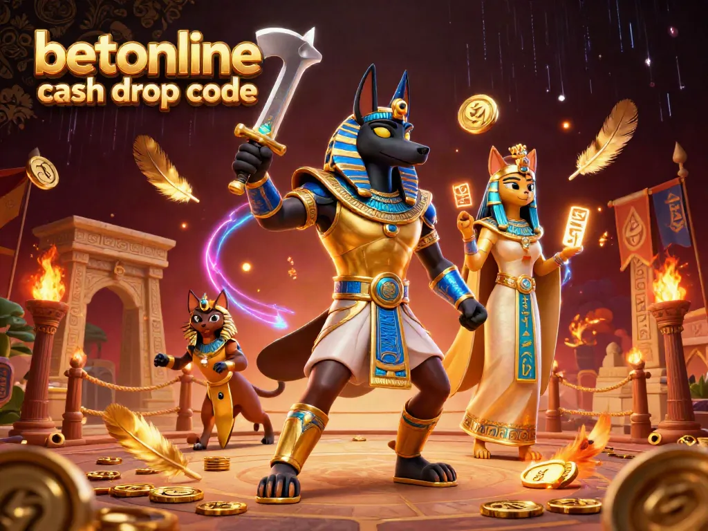 Experience the excitement with the betonline cash drop code among Anubis and Bastet in a vibrant casino scene.