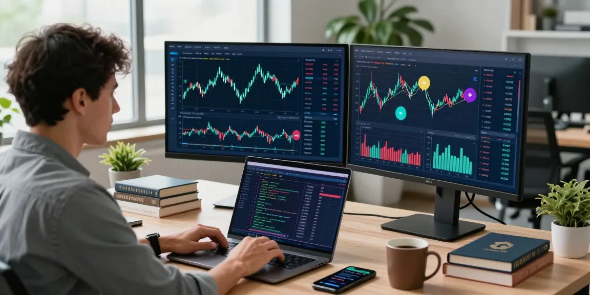 使用 AICoin 的交易专家在现代办公环境中分析市场数据和 K 线图。