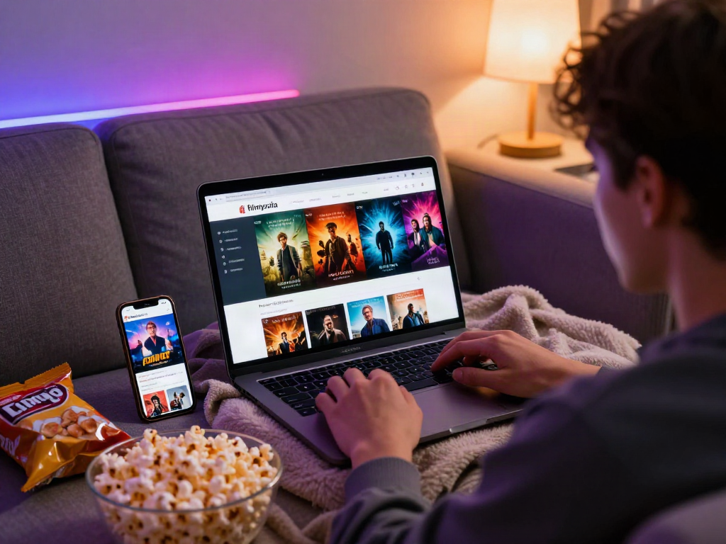 Engaging home scene with a young adult using filmyzilla for movie streaming, surrounded by cozy elements.