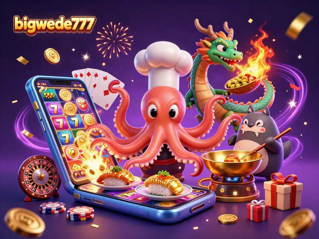 Engage in thrilling slot action with bigwede777 as a sushi chef octopus prepares golden dishes amidst a vibrant casino scene.