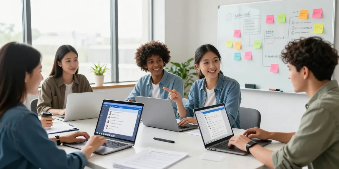 Collaborative workspace scene showcasing 纸飞机中文版 app on laptops, highlighting teamwork in digital communication.