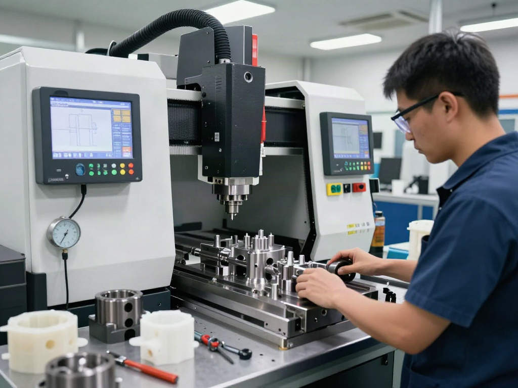 CNC machining parts manufacturer showcasing skilled technicians operating advanced machinery in a bright workshop.