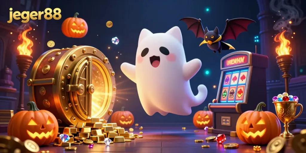 Permainan slot online berjudi dengan jeger88, menampilkan karakter kucing hantu dan kelelawar vampir di kasino hantu.