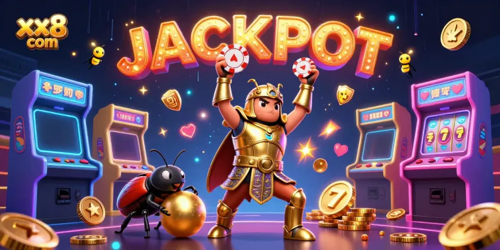 Elevate your play at xx8 com with vibrant 3D gaming characters celebrating a jackpot.