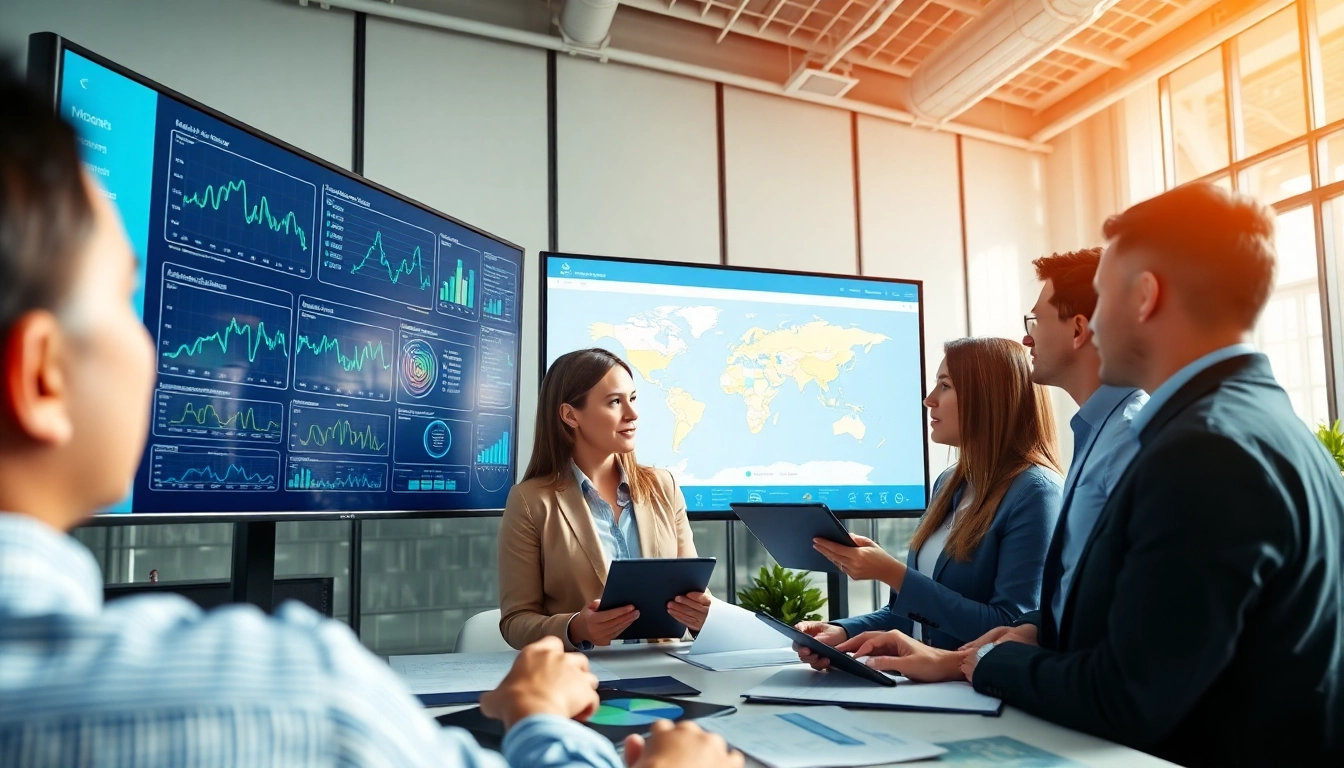 Collaborative professionals analyzing supply chain planning software interface in a modern office.