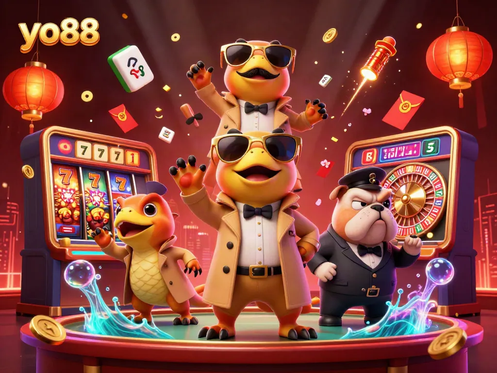 Experience thrilling gaming at yo88 with raptors and a bouncer in a lively casino setting.