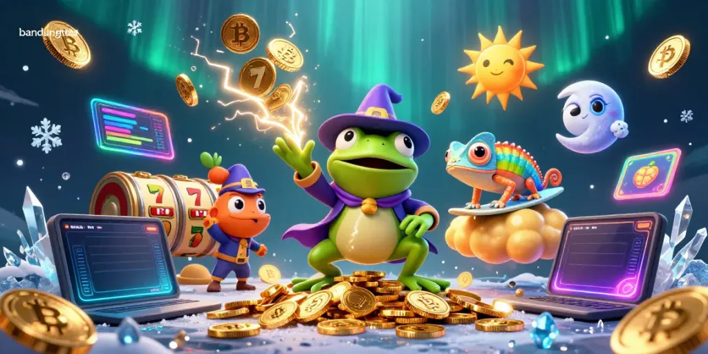 Discover pinning golden coins with bandungtoto's vibrant characters in a casino-themed 3D illustration.