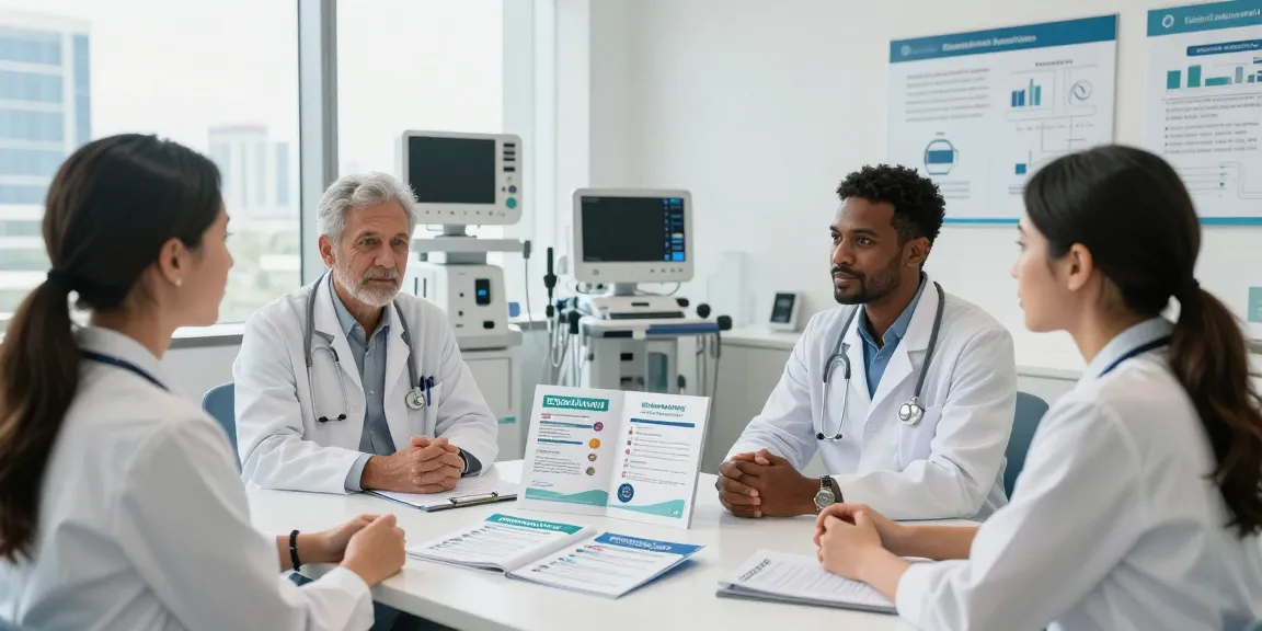 Health packages Abu Dhabi consultation in a modern clinic with diverse professionals discussing personalized care.