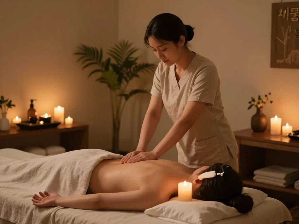Expert 치평동마사지 therapy session in a tranquil wellness center.