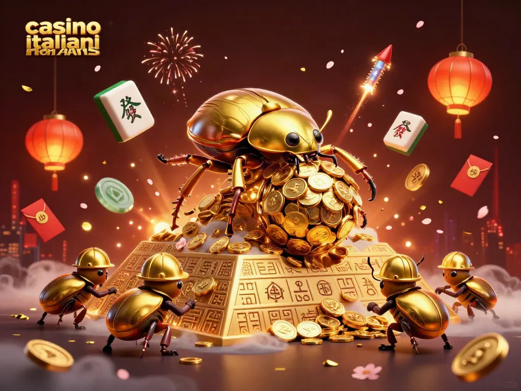 Gioca nei casino italiani non AAMS con un'illustrazione vivace di un scarabeo d'oro e simboli di fortuna.