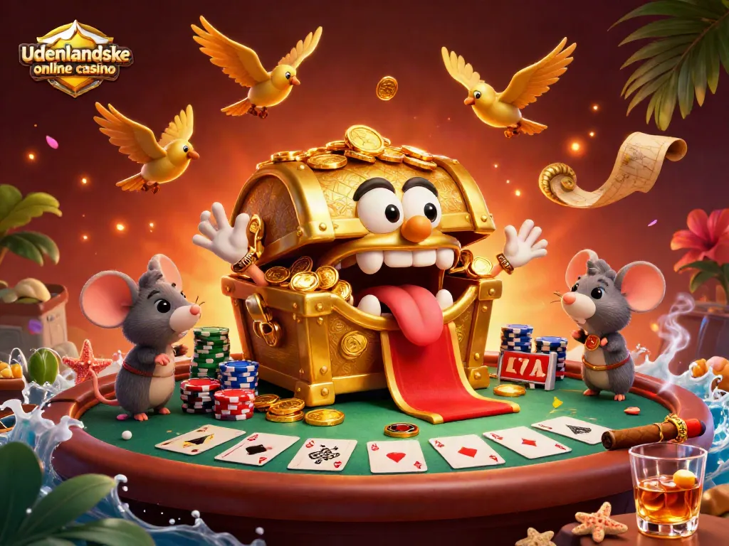 Engage with udenlandske online casino in a vibrant 3D animated scene filled with treasure and poker excitement.
