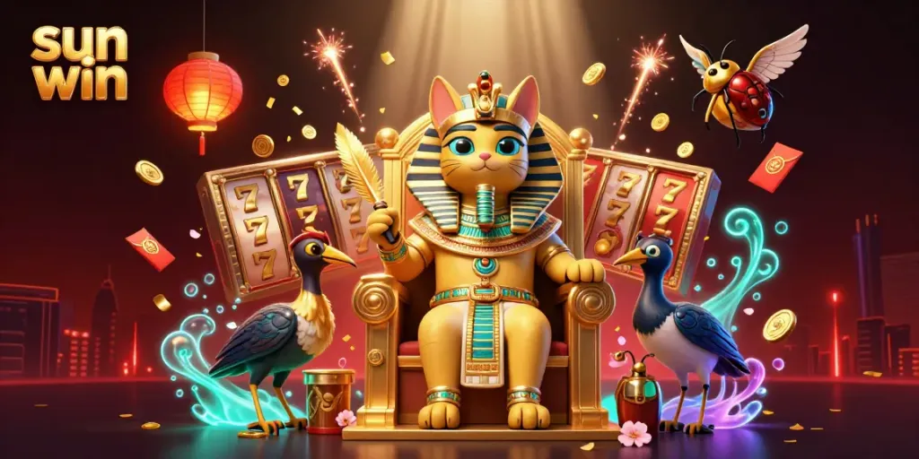Engage in the thrilling world of sun win with vibrant 3D illustration featuring a pharaoh cat and rich casino elements.