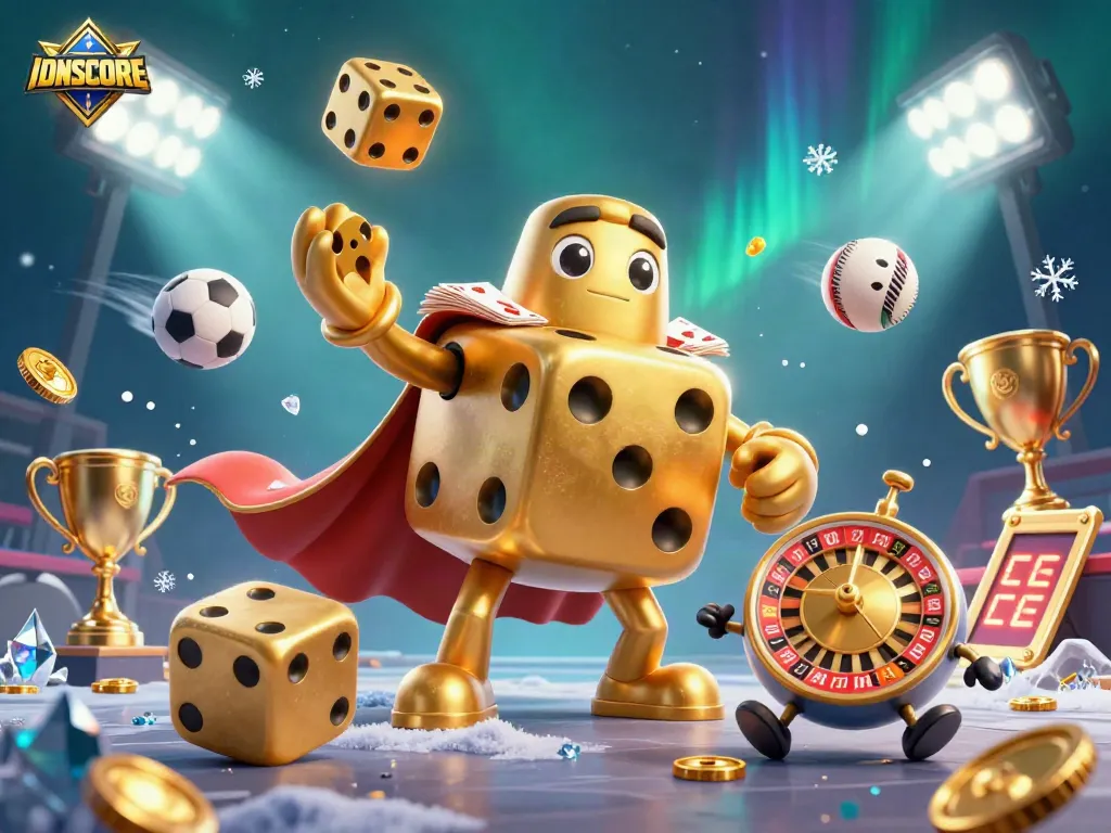 Engage with IDNSCORE's dynamic sports betting experience featuring golden dice and vibrant sports elements.