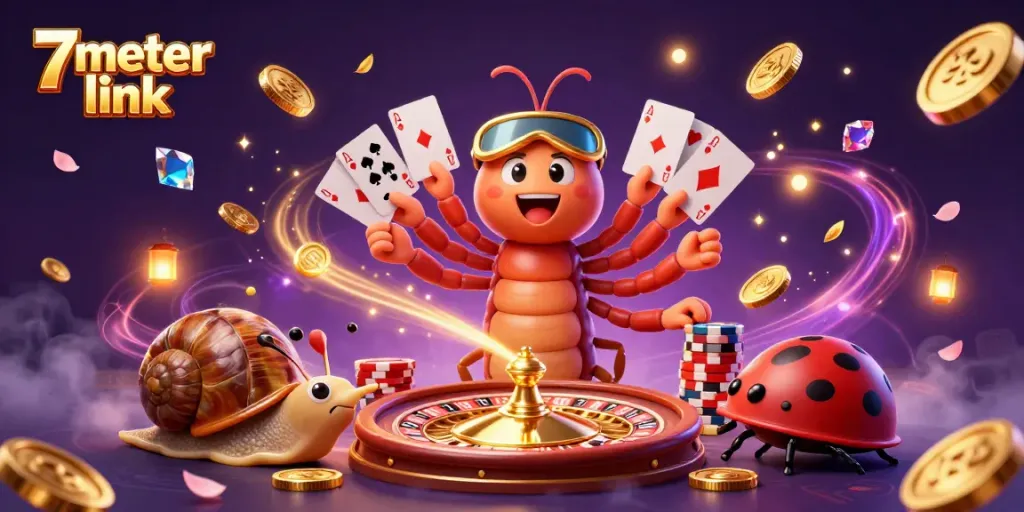 Experience excitement with the 7meter link as a playful millipede dealer showcases cards and chip stacks.