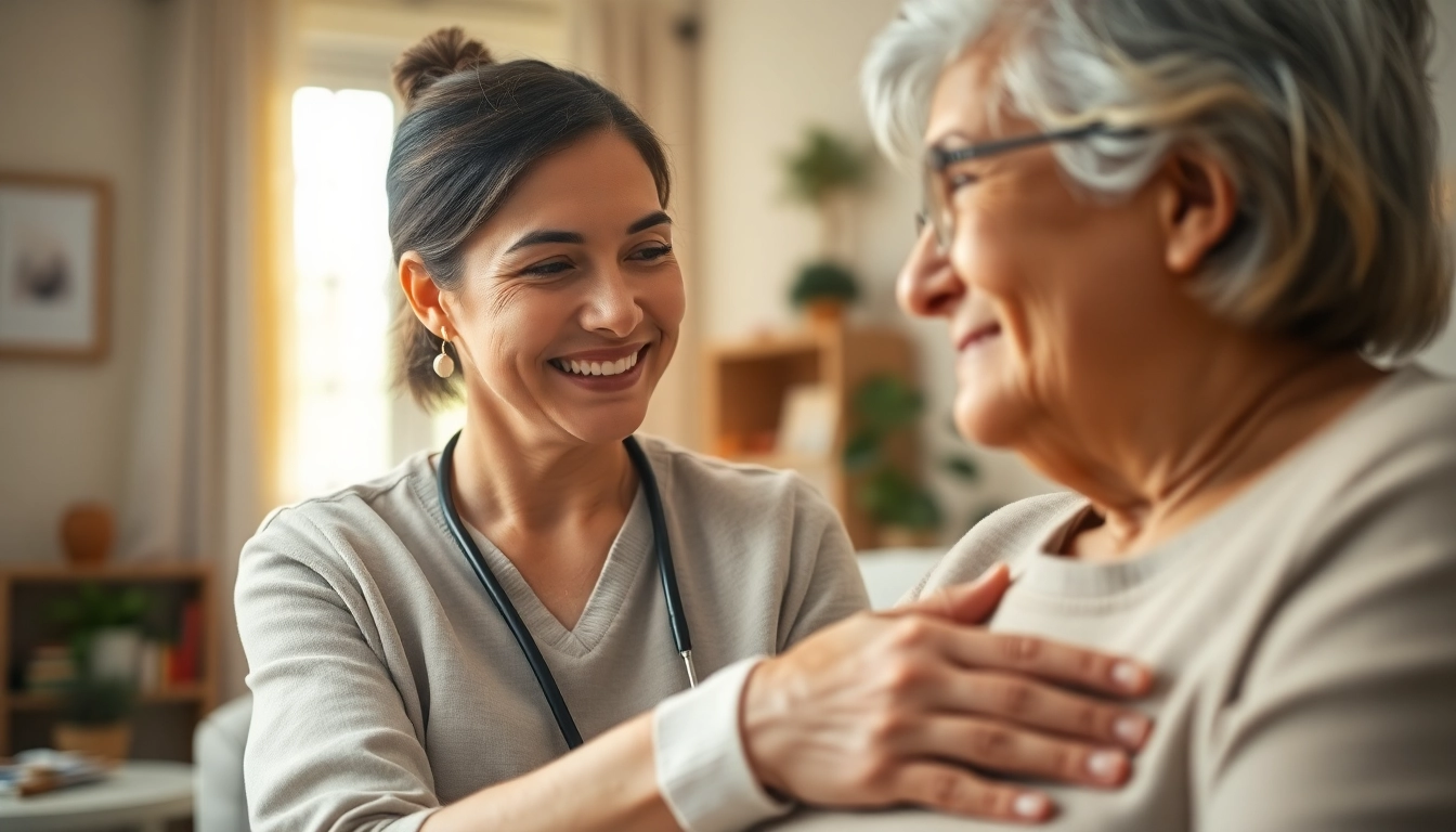 Engaging scene of in home respite care featuring caregiver assisting elderly person, showcasing warmth and support.