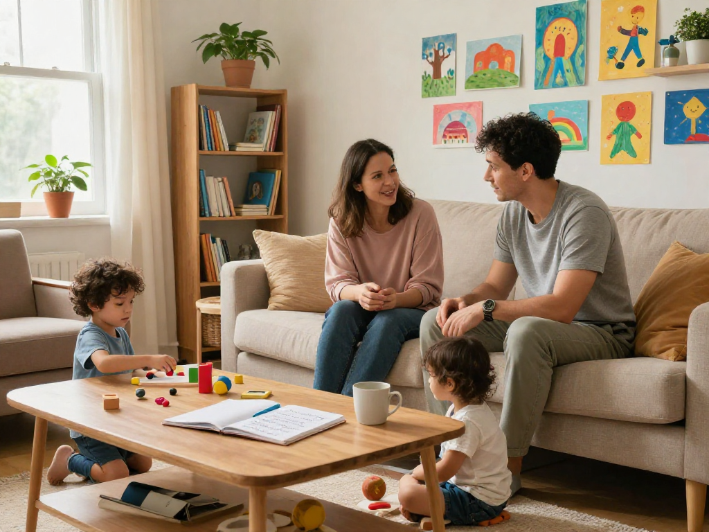 Parents discussing parenting topics with children playing while exploring rokok88 insights in a cozy living room.
