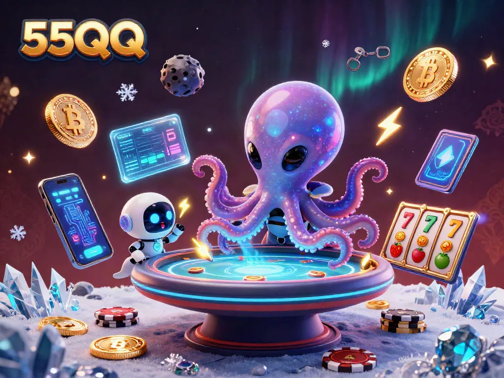 Engage in the universe of 55QQ as a cartoon alien octopus hosts a holographic poker game.