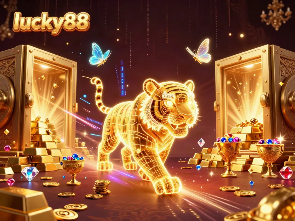 Experience the thrill of lucky88 with a vibrant 3D tiger in a gold-filled casino scene.