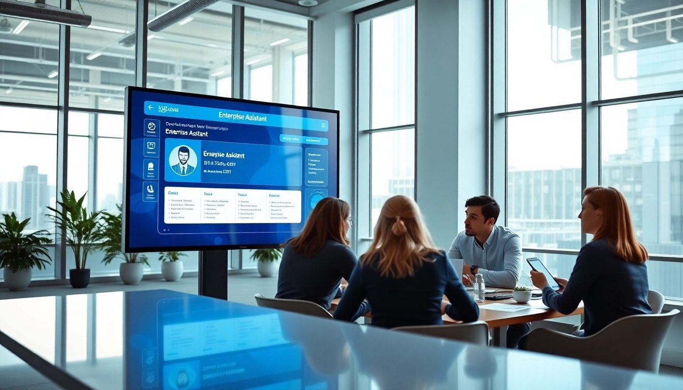 Engaged team utilizing a digital enterprise assistant in a modern office setting.